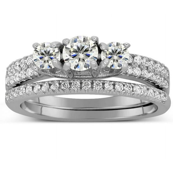 2 Carat Trilogy Design Three Stone Round Wedding Ring Set in White Gold
