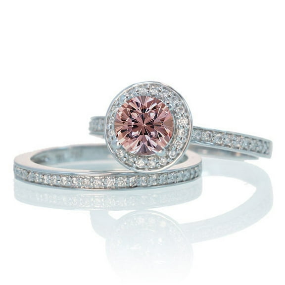 2 Carat Unique Classic Halo Round Morganite and Diamond Bridal Ring Set on 10k White Gold