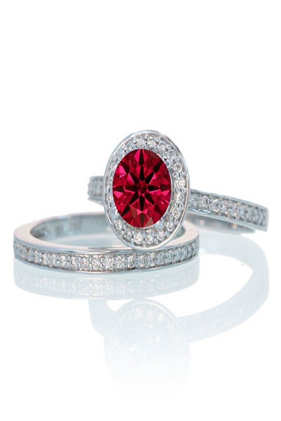 2 Carat Unique Classic Halo Round Ruby and Diamond Bridal Ring Set on 10k White Gold