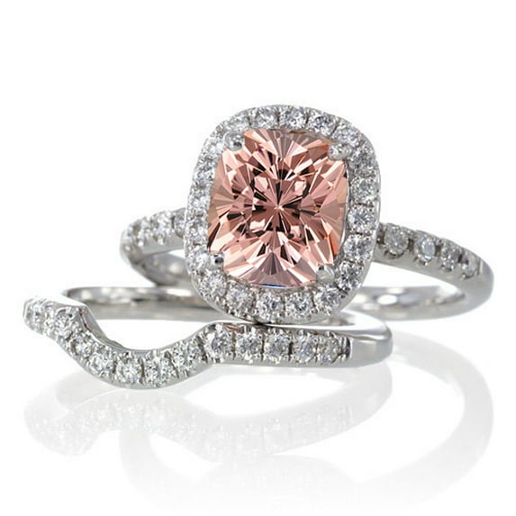 2 Carat Unique Morganite and diamond Bridal Ring Set on 10k White Gold