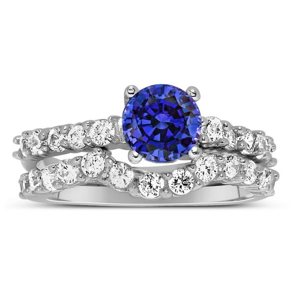 2 Carat Vintage Look 6mm Round Cut Blue Sapphire Moissanite Diamond Wedding Ring Set in 10k White Gold