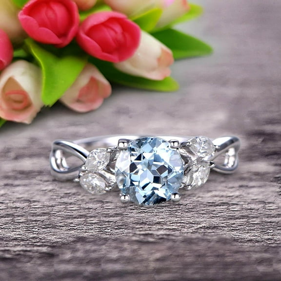 2 Carat With Diamonds Flower 5x3mm Marquise Cut And 6mm Round Cut 10k White Gold Aquamarine Engagement Rings.