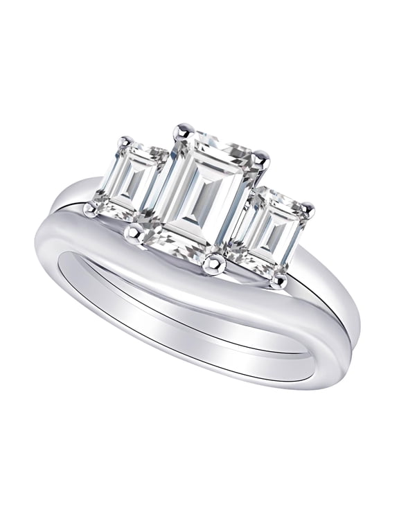 2 Carat (ctw) Platinum Emerald Cut LAB GROWN Diamond Engagement Ring Three Stone Emerald Diamond Wedding Bridal Set (Color H-I Clarity VS1-VS2)