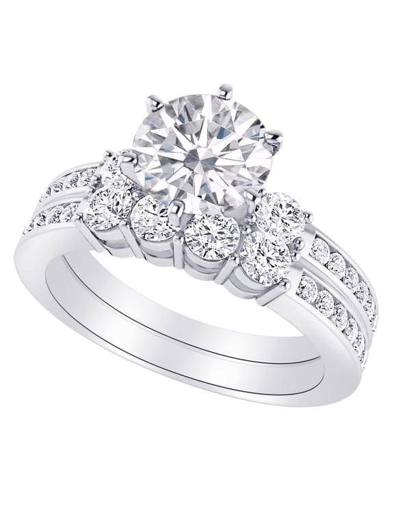 2 Carat (ctw) Platinum Round Cut LAB GROWN Diamond Engagement Ring Three Across Plus Wedding Bridal Set (Color H-I Clarity VS1-VS2)