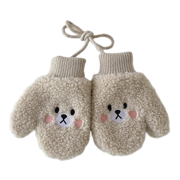 2. Cartoon Bear Design Infant Mittens with Neck Strap, Warm Lamb Wool Gloves for 12-48 Months Boys & Girls
