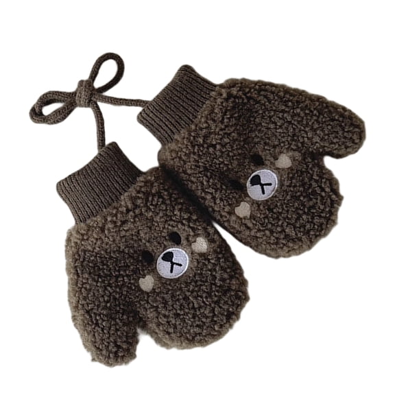2. Cartoon Bear Design Infant Mittens with Neck Strap, Warm Lamb Wool Gloves for 12-48 Months Boys & Girls