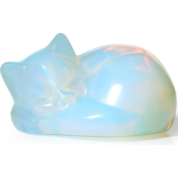 2" Cat Decors Statue Opal Moonstones Crystals Opalite Sleeping Cats Gemstone Hand-Carved Cute Animal Figurines Home Office Desk Decor Stocking Stuffers Cat Themed Ornaments Gifts for Women
