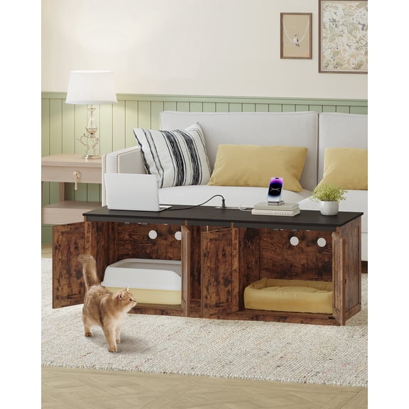 Hzuaneri 55 Inches Cat Litter Box Enclosure for 2 Cats, Hidden Litter Boxes with Double Room, Indoor Cats House End Table with Storage Plush Ball, Rustic Brown