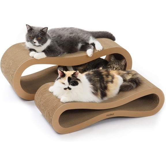 2 Cat Scratcher Set. Large (30L X 10.6H in.) and Small (26.6L X 7H in.) Sizes. Scratch, Play Lounge. High-Grade Cardboard, 100% Recyclable, Reversible.
