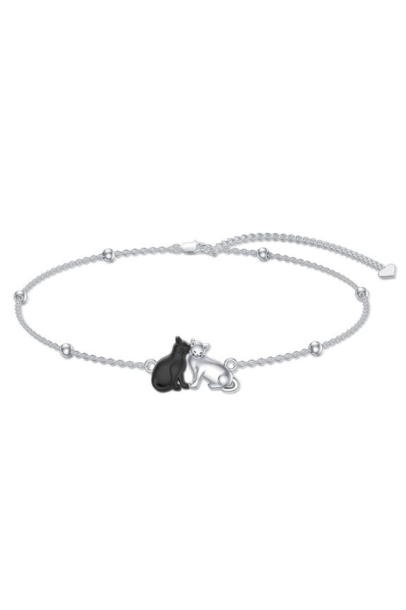 2 Cats Bracelet 925 Sterling Silver Black Cat Adjustable Link Bracelet Cat Jewelry Gifts for Women Cat Lovers
