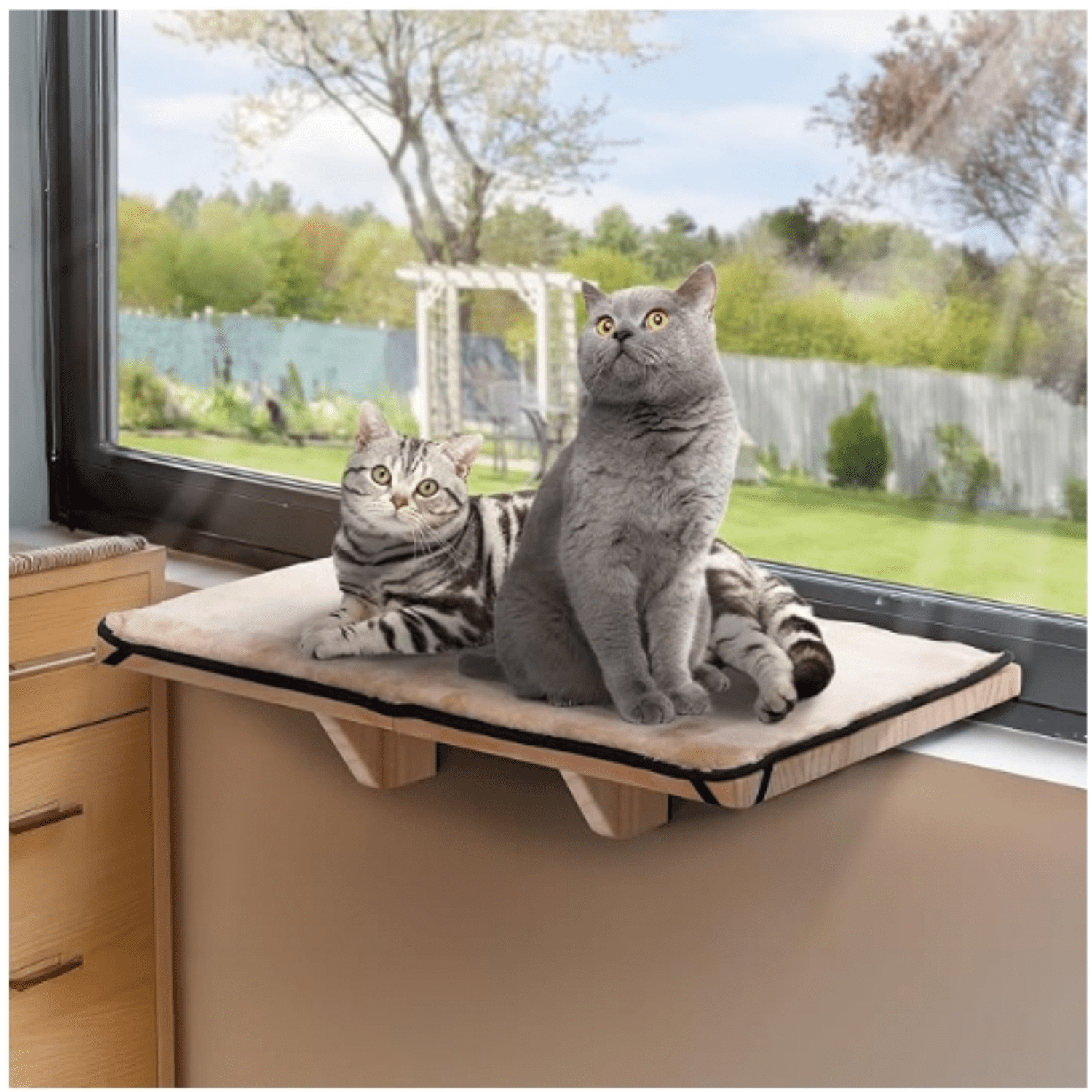 2 Cats Design Cat Window Perch, Cat Hammock Window Seat with   Wood &Removable  Mat for Large Cats, Easy to Adjust&Assemble Cat Bed for Windowsill, Bedside and Drawer