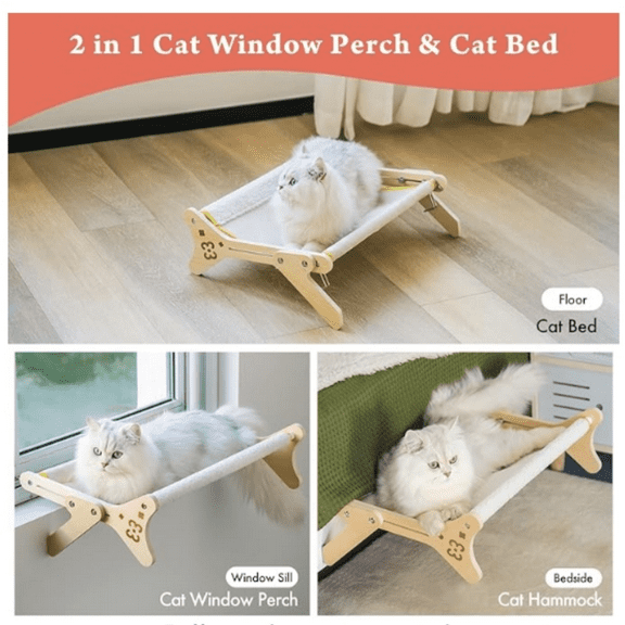 2 Cats Design Cat Window Perch, Cat Hammock Window Seat with Wood &Removable Mat for Large Cats, Easy to Adjust&Assemble Cat Bed for Windowsill, Bedside and Drawer