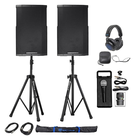(2) Cerwin Vega CVE-12 1000w 12" Powered DJ PA Speakers+Stands+Headphones+Cables