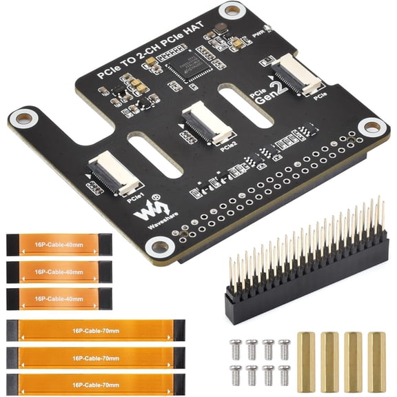 2-Ch PCIe FFC Adapter Board, Compatible with 5,Expands The PCIe Interface of The Pi 5 to 2-Ch PCIe FFC Connectors, Supports Stacking Multiple PCIe Hats
