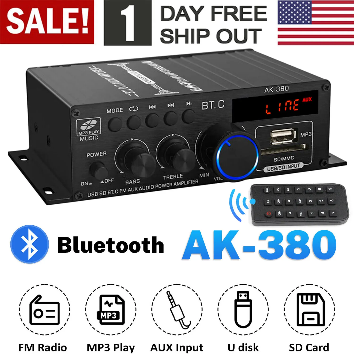 2 Channel 800W bluetooth Mini HIFI Power Amplifier Audio Stereo Amp ...