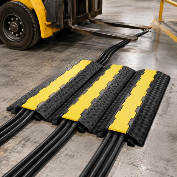 2 Channel Cable Protector Ramp, rubber and PVC construction, 12000 lbs load capacity, black and yellow high visibility finish