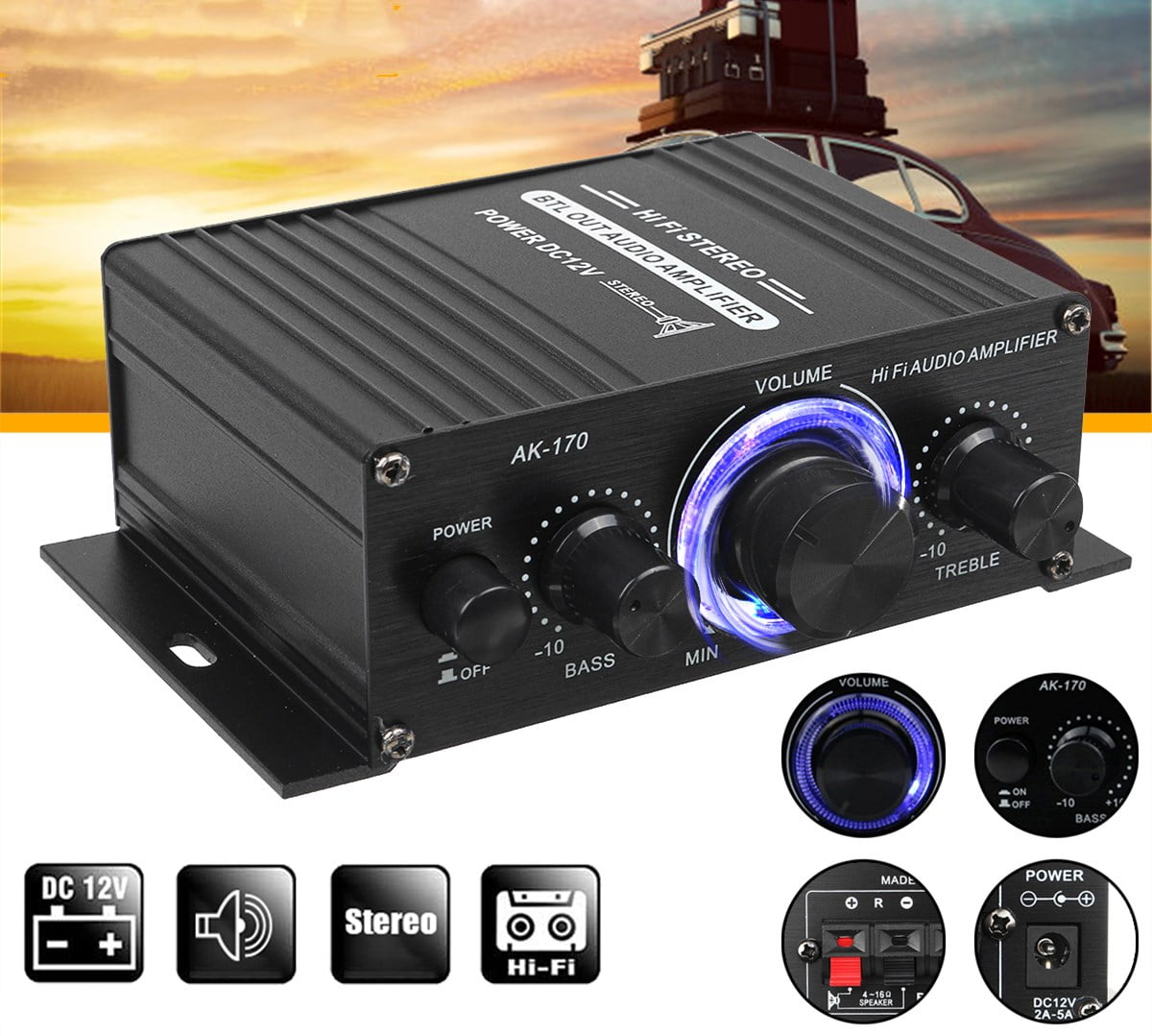 2 Channel Car Stereo Amplifier - 400W Dual Channel High Power Audio Sound  Auto Small Speaker Amp with LED Light and Remote Control, Support