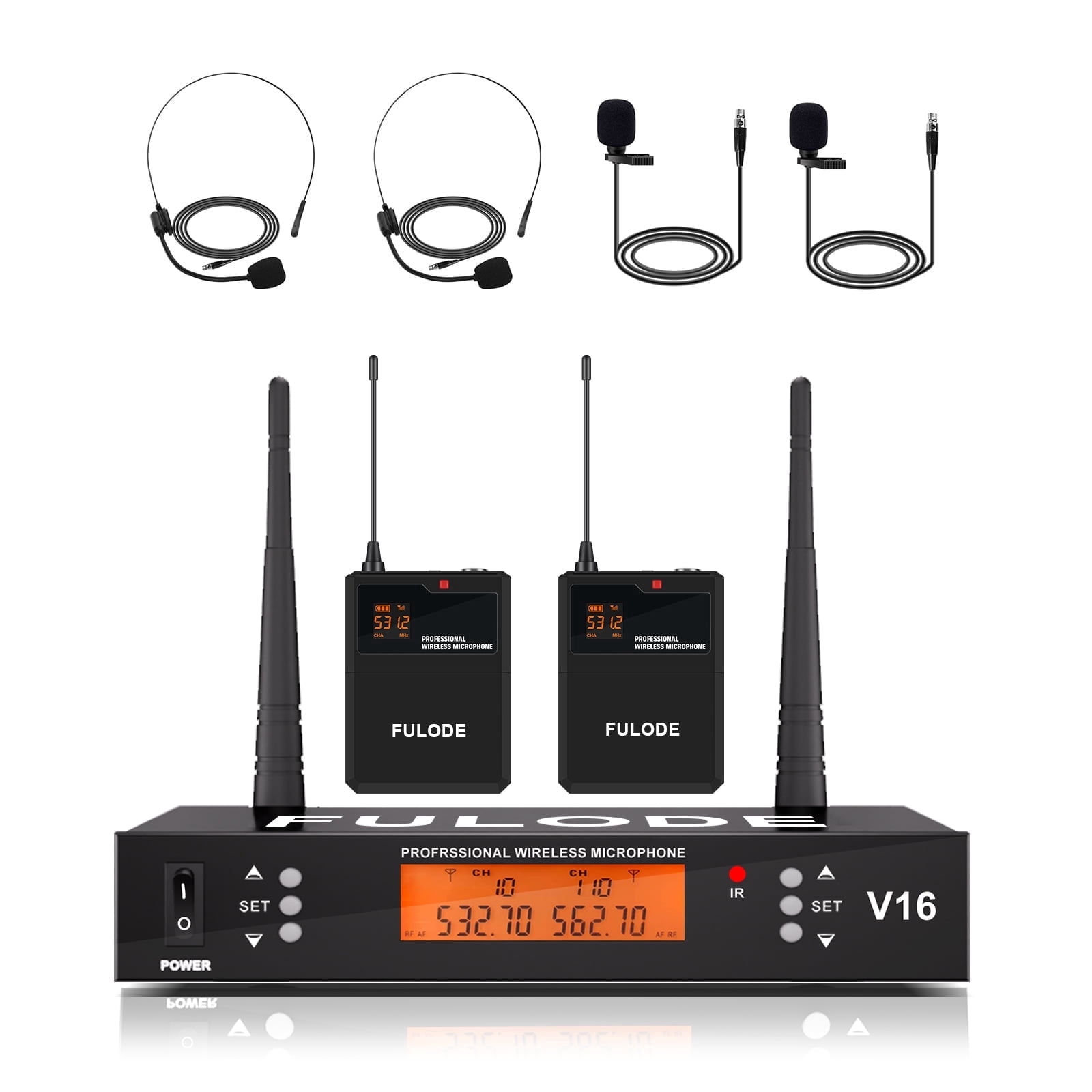 2 Channel Wireless Lapel Microphone, Set of 2 Headset & Lavalier Mics with 200 Adjustable Frequency UHF Metal Receiver, 300ft Range Microphone System for Church, Karaoke, Preaching, Wedding
