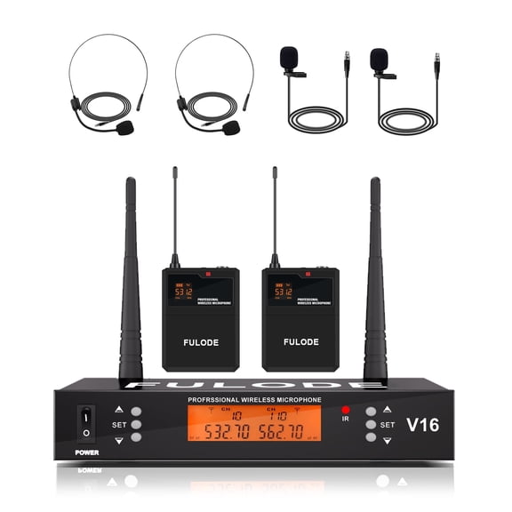 2 Channel Wireless Lapel Microphone, Set of 2 Headset & Lavalier Mics with 200 Adjustable Frequency UHF Metal Receiver, 300ft Range Microphone System for Church, Karaoke, Preaching, Wedding