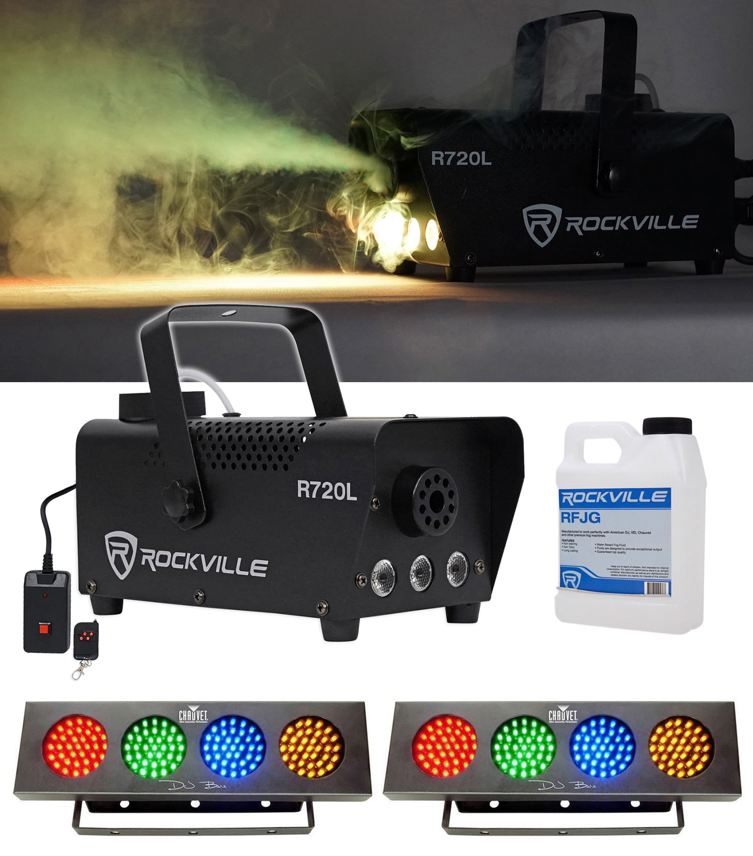 (2) Chauvet DJ Bank RGBA LED Light +FREE Rockville R720L LED Fog/Smoke Machine