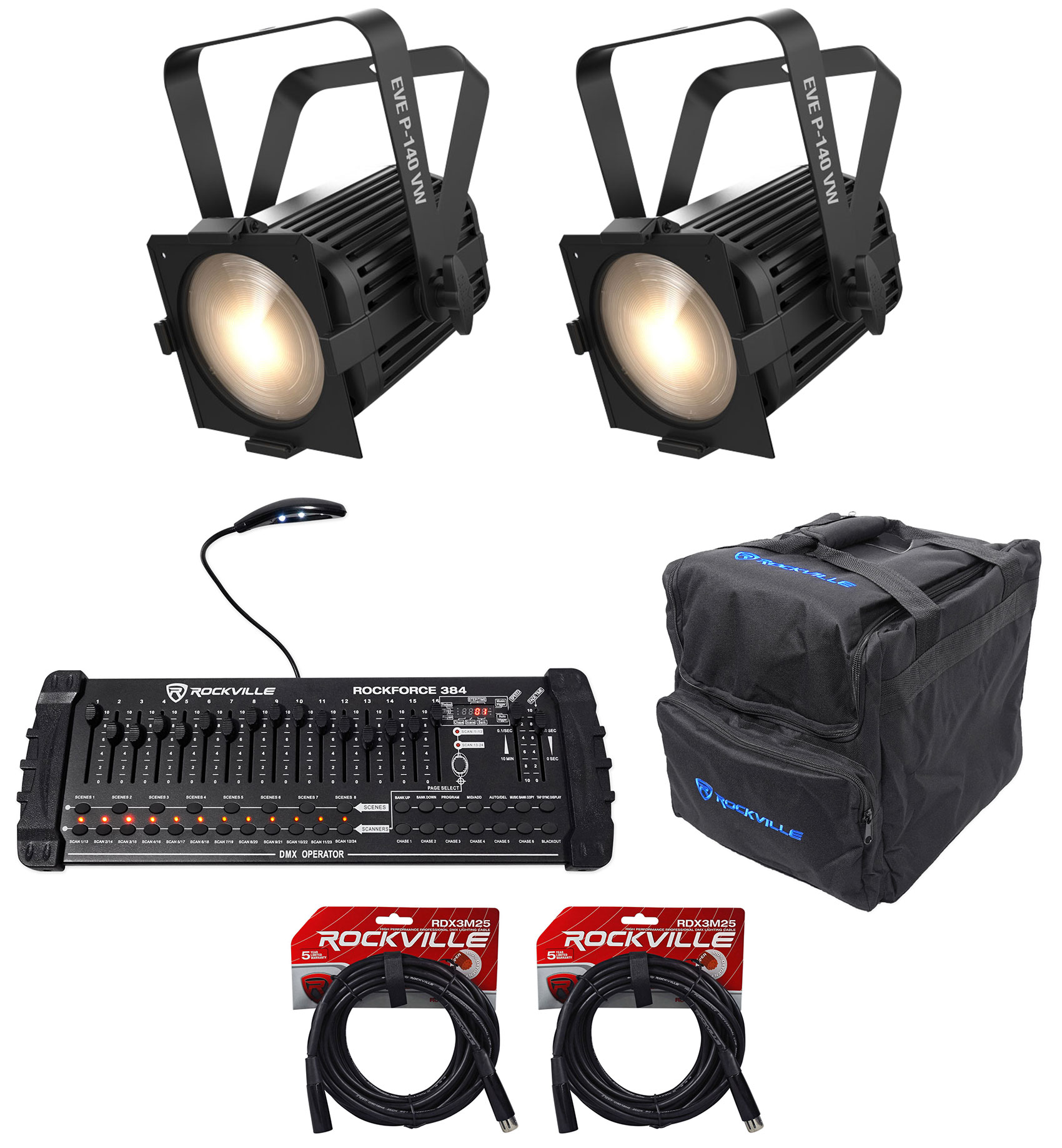 2 Chauvet DJ EVE P-140 VW D-Fi Cool/Warm Stage Lights+DMX Controller+Bags+Cables