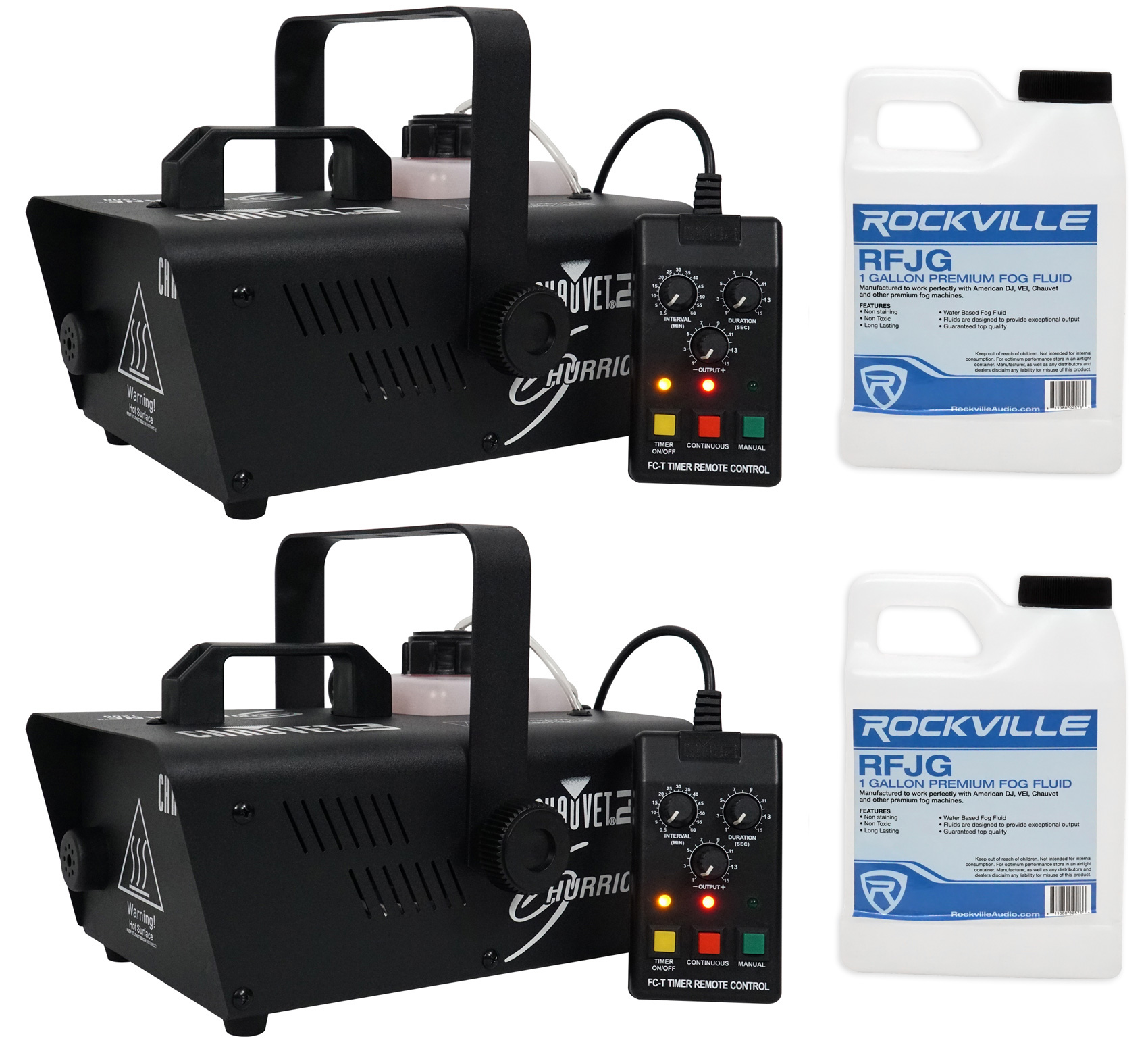 2) Chauvet DJ H1200 Hurricane 1200 Compact Fog Machines W/Remote Timer+Fog Juice