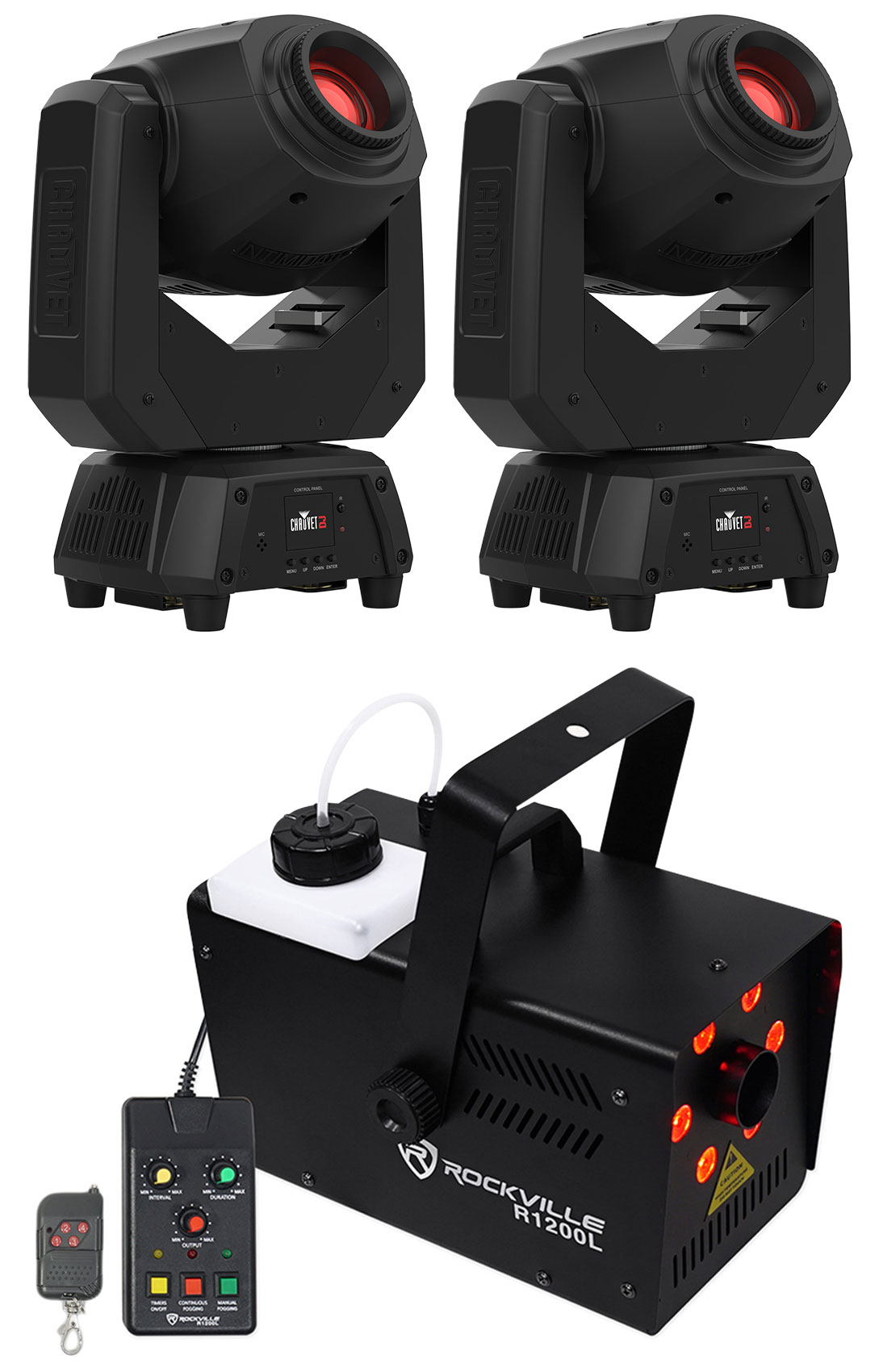 (2) Chauvet DJ Intimidator Spot 60 ILS DMX Moving Head Lights+LED Fog Machine