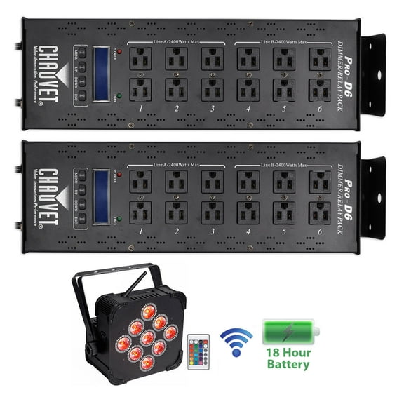 (2) Chauvet PRO-D6 Dimmer Switch Pack 115V/230V+Wireless Battery Par Can Light