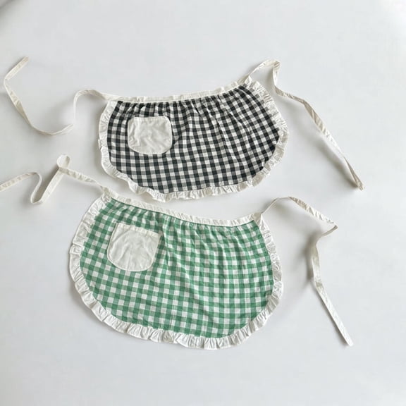 2 Checkered Aprons, Handmade Checkered Apron with Pocket, Half Waist, Green and Black