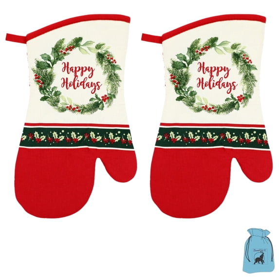 (2) Christmas Oven Mitts Holly Wreath Decorative Cooking Gloves 6.75x13 Inches for Home Kitchen Dining Baking BBQ Grilling Heat Resistant Potholders Table Linen Set Decoration Gift Supplies