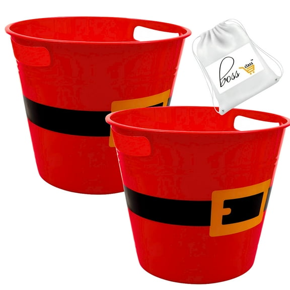 (2) Christmas Plastic Red Buckets with Santa Belt Design 7.95in Multipurpose Pail Container Decorative Home Kitchen Xmas Tree Candy Gift Basket for Holiday Party Supplies & CUSTOM Storage Carrier