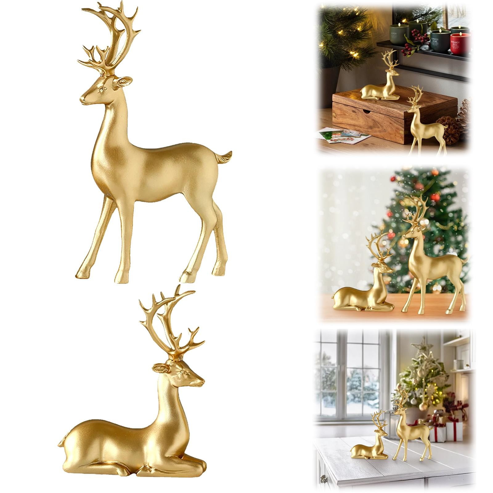 Gold Resin Deer Figurines Set for Christmas Decor