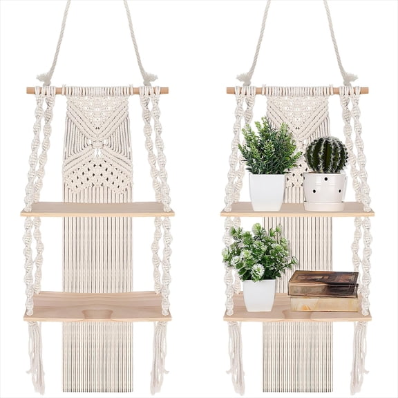 2 Classic Macrame Floating Shelves Boho Woven Rope Storage Organizer