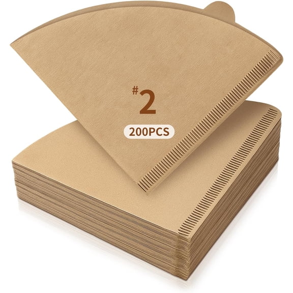 #2 Coffee Filters, 200 Count Disposable Natural Brown Paper Filters, V‑Cone for V60 Pour Over and Drip Coffee Makers, 2–4 Cup, Eco-Friendly, Suitable for Home and Coffee Shop Use