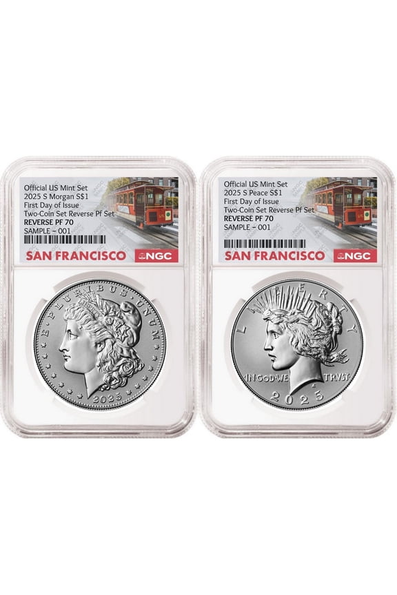 2 Coin Set 2025 Reverse Proof Morgan and Peace Silver Dollars NGC RP70 First Day of Issue SF