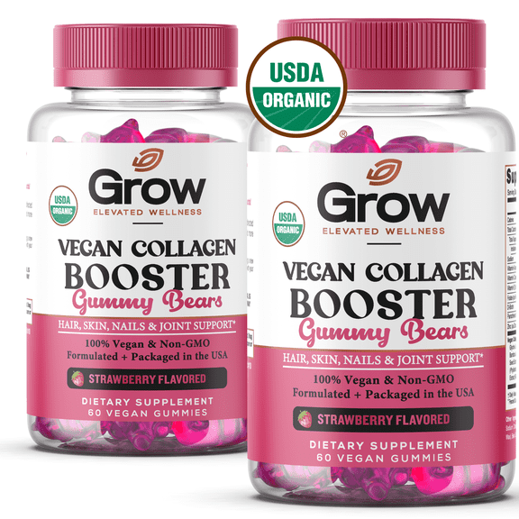 Grow Vitamin Organic Vegan Collagen Boosting Gummies for Women and Men, Hair and Skin Support