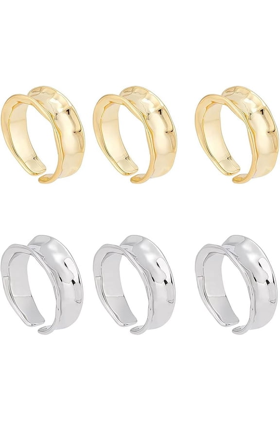 2 Color 6Pcs Wave Open Cuff Ring Blank Core Ring Gold Grooved Rings Vintage Thumb Finger Rings Metal DIY Inlay Rings for Jewelry Making 16mm Inner Diameter Platinum & Light Gold