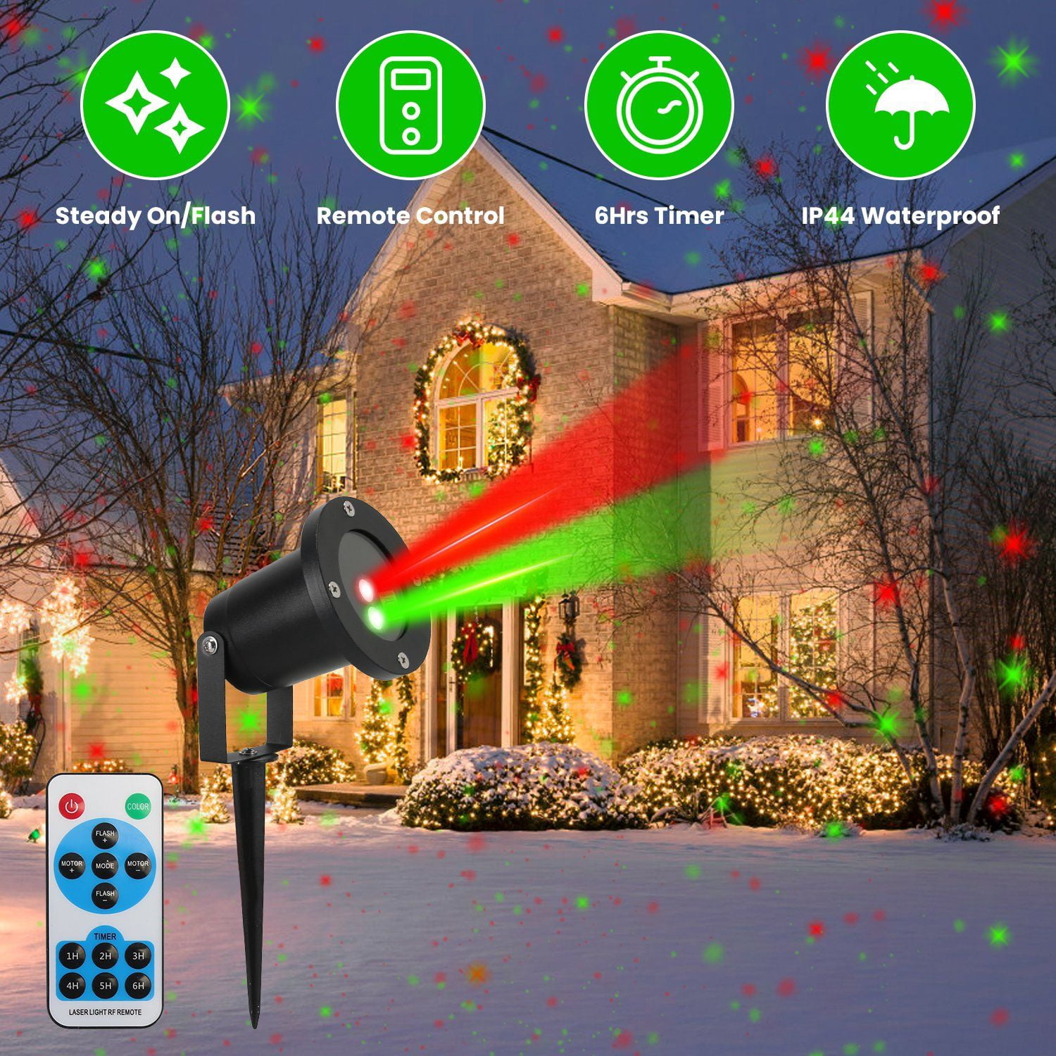 2-Color Laser Projector Light with Remote 33FT Coverage Red Green for Halloween Christmas Party Decor