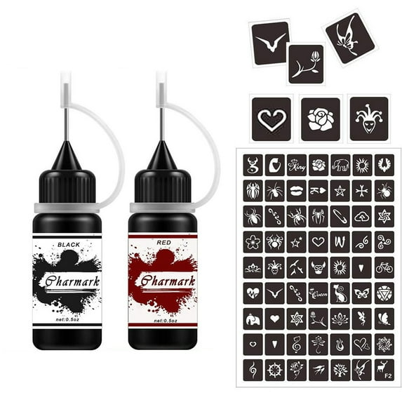 2 Color Temporary Tattoo Kit for Women Men Kids Fake Tattoos Semi Permanent Tattoo Ink Art Painting DIY Fake Freckles with 1pc Tattoo Stencils