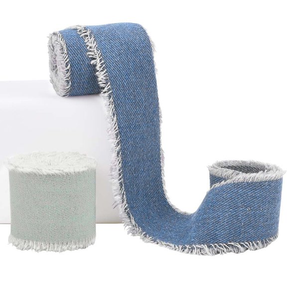 2 Colors 1 3/4 Inch Denim Blue Fabric Trim Cowboy Frayed Raw Edge Ribbon Handmade Rustic Fringe Wired Ribbons Bulk Roll for Sewing Making Craft