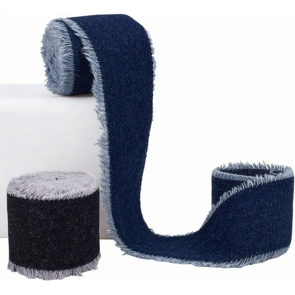 2 Colors 1 3/4 Inch Denim Blue Wired Ribbon Black Frayed Raw Edge Fabric Ribbon Trim Handmade Rustic Fringe Ribbons Bulk for Sewing Making Craft Gift Wrapping Birthday Diy Accessories Supply