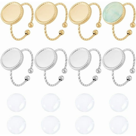 DIY Blank Dome Ring Making Kit Including 304 Stainless Steel Open Cuff Ring Ring Settings Half Round Glass Cabochons Golden & Stainless Steel Color 16Pcs/box