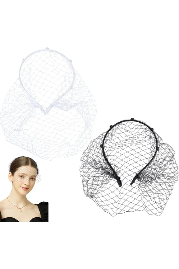 2 Colors 1920s Flapper Fascinator Mesh Veil Headband Bridal Wedding Tea Party Fascinator Veil Lace Headdress Headpiece with Black Hair Hoop Hair Accessories for Women Black and White DIY