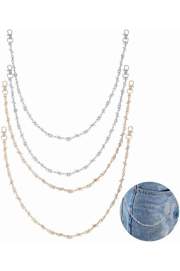 2 Colors 4Pcs Punk Pants Belt Chain Hip Hop Punk Jeans Chain Platinum Golden Cool Pants Chains Wallet Pocket Fashion Thorn Metal Chain for Women Men Pant Jeans Wallet Decoration Colorful DIY