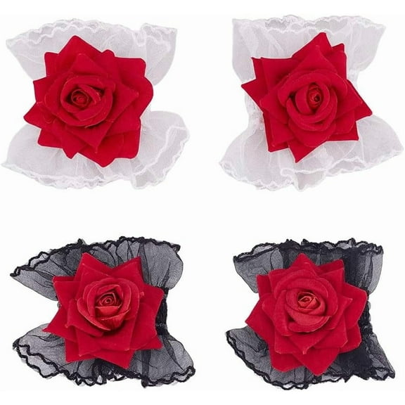 2 Colors 4Pcs Rose Lace Wrist Cuffs Lolita Hand Sleeve Black White Short Lace Cuffs Lace Elastic Bracelet Wrist Cuff for Women Tea Party Halloween Cosplay Wedding Masquerade