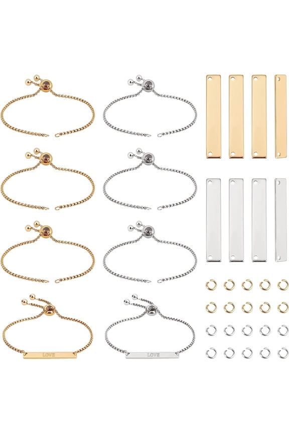 2 Colors 8Set Engravable Bracelets DIY Kit Including Rectangle Engravable Blank Tags Links Connectors 24cm 304 Stainless Steel Slider Bracelet 4mm Open Jump Rings for DIY Bracelets Making
