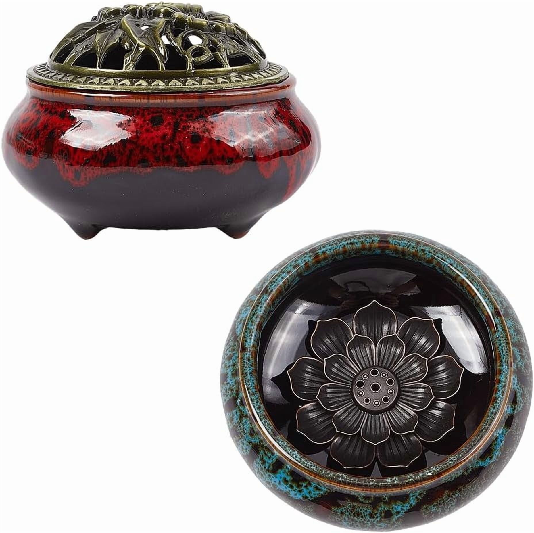 2 Colors Ceramic Incense Burners with Copper Lid Red Blue Coil Cone ...