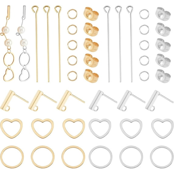 About 2 Colors Drop Earring Making Kit 40pcs Stainless Steel Rectangular Stud Earrings with Loop 40pcs Heart Charm Linking with 40pcs Jump Ring and Ear Nuts Head Pin