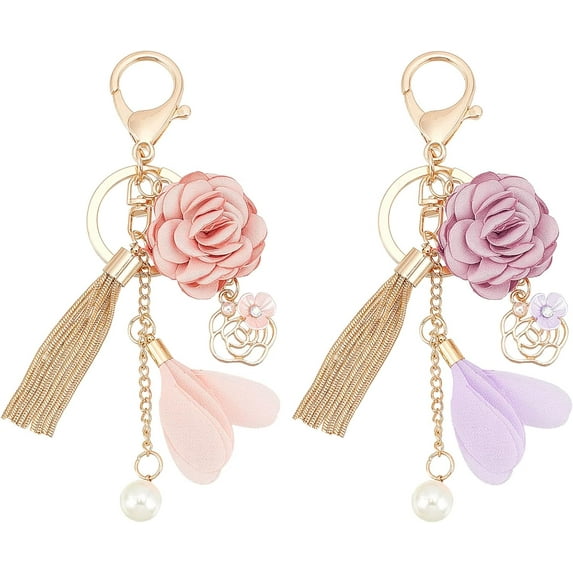 2 Colors Flower Tassel Keychain Blossoming Rose Flower Pearl Car Keyring Holder for Women Cute Key Fob Purse Bag Charms Handbag Backpack Decoration Pendants Key Chain Accessories 5.6 Inch