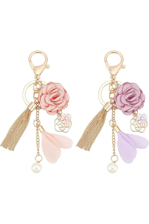 2 Colors Flower Tassel Keychain Blossoming Rose Flower Pearl Car Keyring Holder